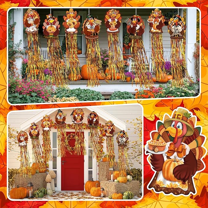DoubleFill 8 Pcs Thanksgiving Turkey Outdoor Hanging Decorations with Tassels Fall Harvest Yard Decoration Windsocks for Outside 3.3ft Signs for Wall Home Lawn Yard Tree Party Supplies Garden Decor