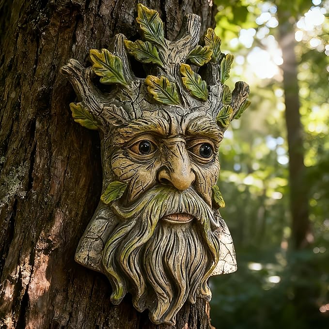 Teaeeno Whimsical Tree Face Garden Decoration, 9.8 in Tree Faces Decor Outdoor Wallmounted Statue Art with Leaf Features, Outdoor Decor Garden Accessory (Nature and Outdoors)
