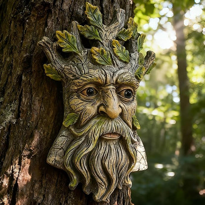 Teaeeno Whimsical Tree Face Garden Decoration, 9.8 in Tree Faces Decor Outdoor Wallmounted Statue Art with Leaf Features, Outdoor Decor Garden Accessory (Nature and Outdoors)