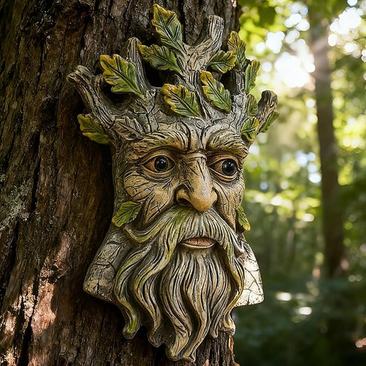 Teaeeno Whimsical Tree Face Garden Decoration, 9.8 in Tree Faces Decor Outdoor Wallmounted Statue Art with Leaf Features, Outdoor Decor Garden Accessory (Nature and Outdoors)