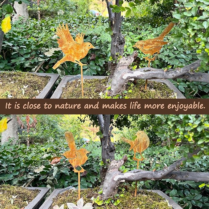 5PCS Rusty Birds Decoration Garden Stakes,Metal Birds Garden Decor for Outside,Rustic Wren Bed Decorations,Bird Lover Gifts for Women Mom Grandma Wife,Outdoor and Yard Art, Lawn Ornaments