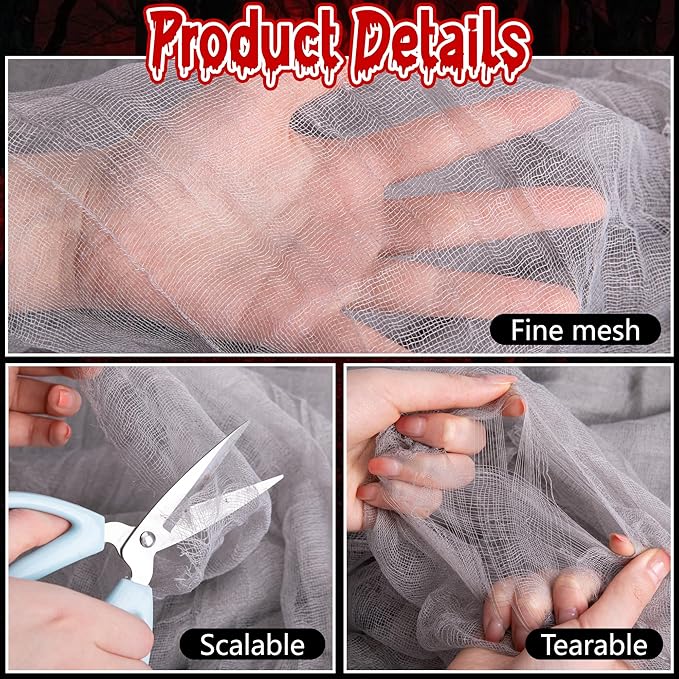 RunNico 200x36 Inch Large Size Gray Halloween Creepy Gauze Cloth Decoration,Spooky Fabric Cloth,Halloween Haunted Cheesecloth for Halloween Drapes,Stairway Decor,Outdoors Doorways Decorations