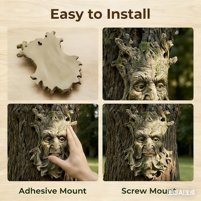 Tree Face Statue Outside Yard Outdoor Decoration, Fairy Tree Face Decor and Yard Decorations Accessory, Whimsical Wallmount Old Man Art with Moss, Fence Hanging Sculpture Orantments, 6.7" x 9.8" Gift
