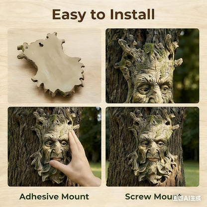 Tree Face Statue Outside Yard Outdoor Decoration, Fairy Tree Face Decor and Yard Decorations Accessory, Whimsical Wallmount Old Man Art with Moss, Fence Hanging Sculpture Orantments, 6.7" x 9.8" Gift