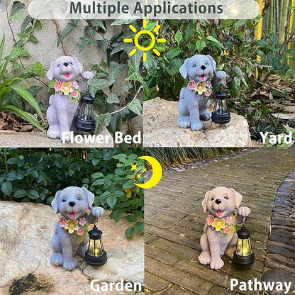 Dog Solar Light, Solar Dogs Statues Outdoor with Lantern, Cute Dogs Garden Figurines for Patio and Yard Decor, Gardening Gifts for Mom, Grandma, Dog Lovers