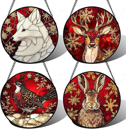 DASTOLL Stained Glass Window Hanging 4 Pcs Set Red Golden Snowflakes 7.8" - Christmas Elk Rabbit Suncatcher Door Garden Sun Catcher Decor Birthday for Mom Woman Nana Men