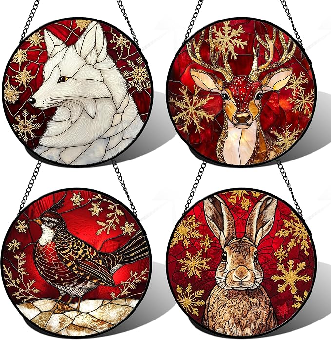 DASTOLL Stained Glass Window Hanging 4 Pcs Set Red Golden Snowflakes 6.3" - Christmas Elk Rabbit Suncatcher Door Garden Sun Catcher Decor Birthday for Mom Woman Nana Men