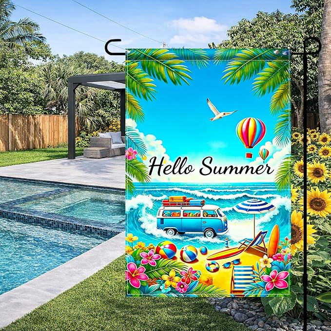 BlissYard Hello Summer Beach Garden Flag 12x18 Double Sided Vertical Outdoor Decor Van Surf Ocean Tropical Yard Garden Lawn Banner Coastal Seasonal Display
