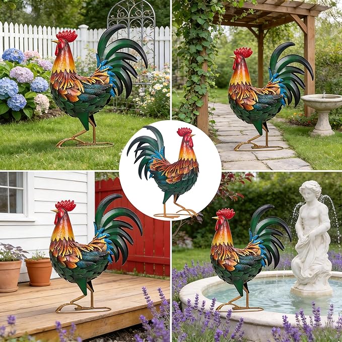 Ratuor Metal Rooster Decor Garden Statue,Chicken Yard Art Decoration Outdoor Sculpture for Backyard Patio Kitchen Lawn Ornaments,Birthday Housewarming Gifts for Women Mom