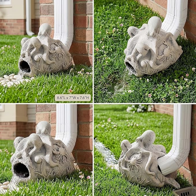 Real Octopus Gutter Downspout Extender Statue, Garden Ornament, Fish Decorative Gutter Extension Downspout, Perfect Rain Diverter for 3"x4" Downspouts, Eco-Friendly Resin, Outdoor Decor Gift
