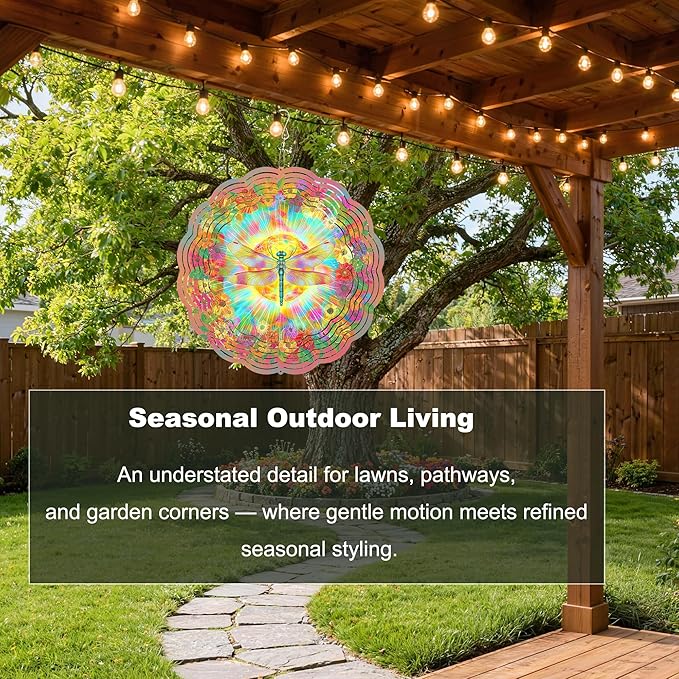 10x10 Inch Wind Spinner Outdoor Hanging Colorful Dragonfly Floral Sunburst Metal Kinetic Spiral Ornament for Yard Patio Porch Balcony Tree Window Gift