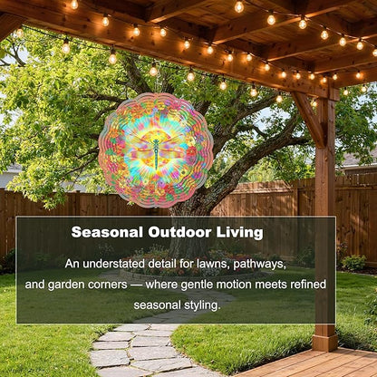 10x10 Inch Wind Spinner Outdoor Hanging Colorful Dragonfly Floral Sunburst Metal Kinetic Spiral Ornament for Yard Patio Porch Balcony Tree Window Gift