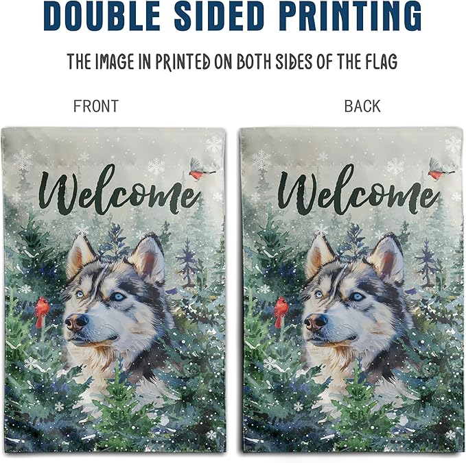 Welcome Winter Garden Flags Husky Garden Flag Cardinal Birds on Snowy Pine Tree Flag Dog Yard Flags for Outside 12x18 Double Sided Christmas Decorative