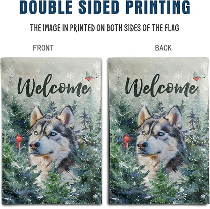 Welcome Winter Garden Flags Husky Garden Flag Cardinal Birds on Snowy Pine Tree Flag Dog Yard Flags for Outside 12x18 Double Sided Christmas Decorative