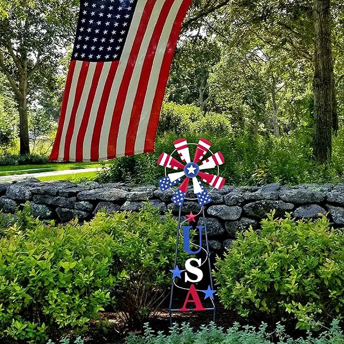 TERESA'S COLLECTIONS 4th of July Decorations for Outdoor Decor, Patriotic Memorial Day Decorations Wind Spinner Garden Yard Sign, USA Americana Windmill Decorative Stake Independence Day Gifts 35.4''