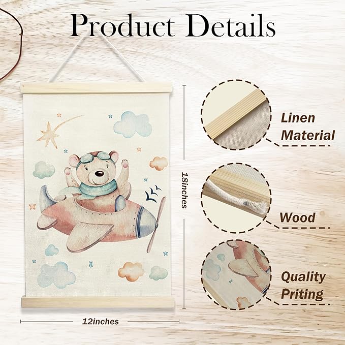 NQDWX Airplane & Bear Hanging Flag for Toddler Boys - Aviation Wall Decor with Cute Teddy Pilot, 12x17 Inch Nursery Banner, Clouds & Stars Kids Room Art, Gift for Little Adventurers. (145)