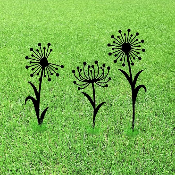 GLOBLELAND 3pcs Dandelion Mental Garden Stakes Black Silhouette Flower Decorative Yard Stakes Spring Trees Metal Outdoor Art Decor for Yard Patio Lawn Walkway Ornament