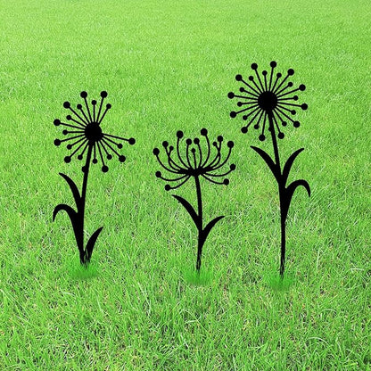 GLOBLELAND 3pcs Dandelion Mental Garden Stakes Black Silhouette Flower Decorative Yard Stakes Spring Trees Metal Outdoor Art Decor for Yard Patio Lawn Walkway Ornament