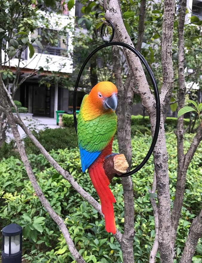 Ruerlity Hanging Parrot Statue Sculpture On Ring Lawn Ideal Decor for Patio Home and Garden