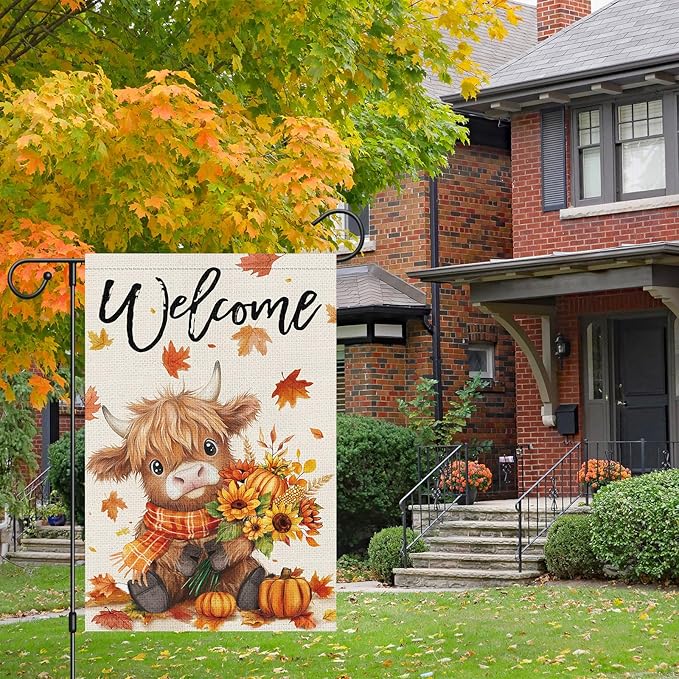 Heyfibro Welcome Fall Highland Cow Garden Flag 12x18 Double Sided Burlap, Autumn Pumpkin Sunflower Yard Flags for Thanksgiving Rustic Seasonal Outside Outdoor Decoration (ONLY FLAG)