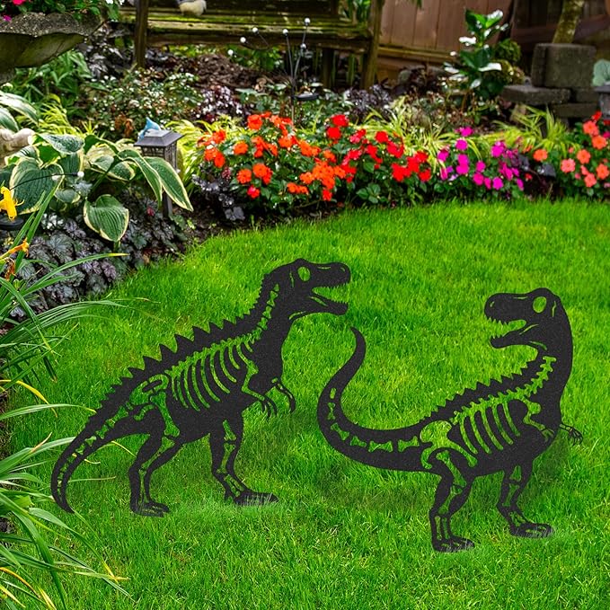 Dinosaur Decor Garden Stakes - 2 Pcs Metal Dinosaurs Statues Waterproof Yard Art Silhouette Decoration for Outside Patio Lawn Pathway Christmas New Year Ornaments Birthday Gifts for Adults