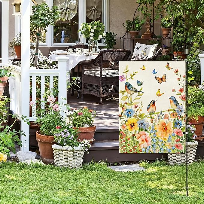 Baccessor Spring Floral Birds Garden Flag Double Sided 12.5x18 Inch Burlap with Clip and Stopper,Flower Butterflies Flag Seasonal Farmhouse Front Yard Lawn Summer Outside Outdoor Decoration