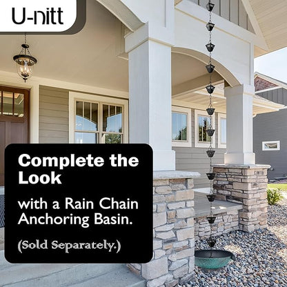 U-nitt Rain Chain Water Collection for Gutters, Rainwater Catcher & Diverter, 8.5 FT Chains for Outside Garden, Black Square Cups, Roof Downspout, Works with Heavy Rain, w/Gutter Clip for Rainchains