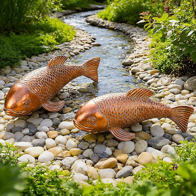 Teaeeno Set of 2 Antique Koi Fish Statue, Outdoor Garden Sculpture for Patio, Backyard, Pond, and Home Decor (Red)