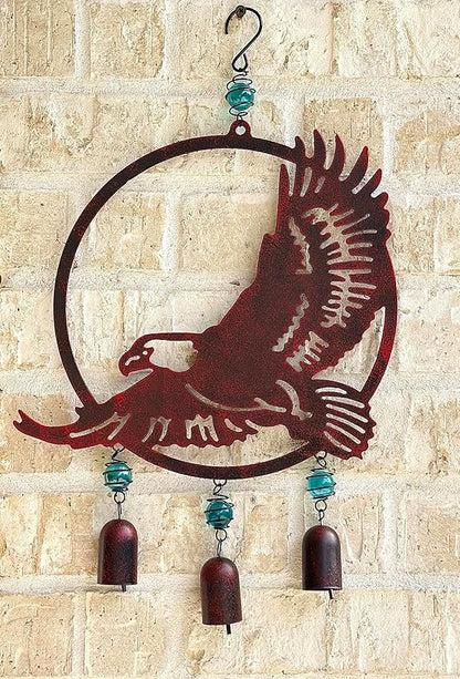 Wind Chime Eagle American Hanging Decor for Outdoor Metal W Glass Rustic Lawn Yard Patriotic 19" x 12"