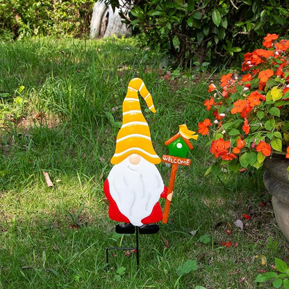 Metal Yard Signs Decor for Rust Prevention, Yard Stakes with Gnomes for Outside Garden Yard Lawn Porch Holiday Party(Yellow)