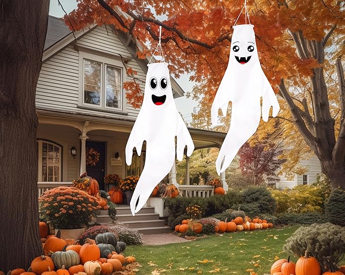 2PCS Halloween Cute Ghost Windsocks Hanging Decorations - 43 Inch Flag Wind Socks for Home Yard Outdoor Decor Party Supplies (No Lights)