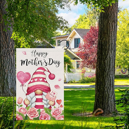 Heyfibro Happy Mother's Day Gnome Garden Flag 12x18 Double Sided Burlap, I Love Mom Flower Rose Love Heart Yard Banner for Spring Outside Outdoor House Mothers Day Decoration (ONLY FLAG)