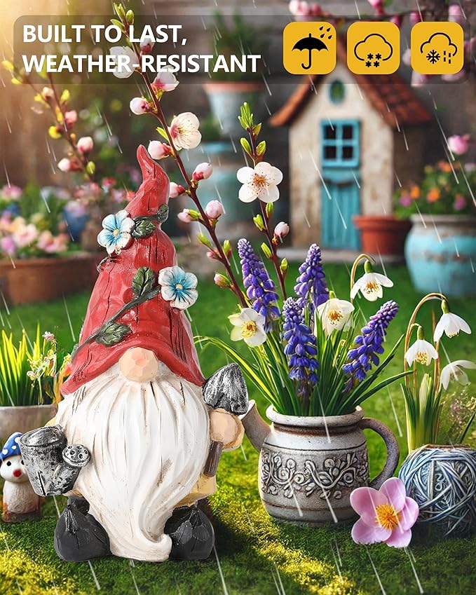 GoGnome Hand-Painted Resin Garden Gnome with Watering can and Shovel Figurine - 6.5" Summer and Spring Decorations for Home and Yard - Ideal Gnome Gifts for Women (Red)