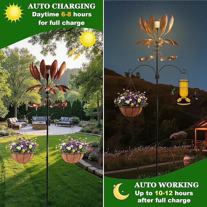 Yard Garden Wind Spinners - Large Outdoor Metal Wind Spinners with Stake, Yard Art Lawn Garden Decor Bronze-Colored Blade Rotator (25.5" W x 92.5" H)