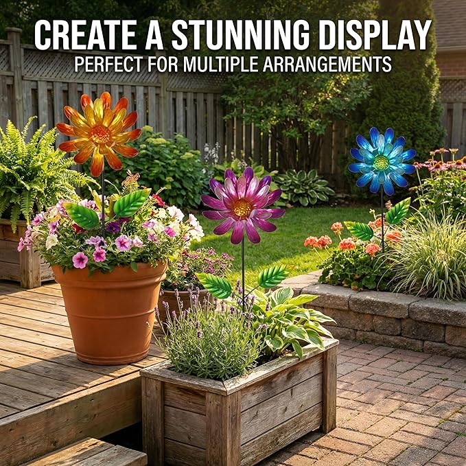 Metal Flower Garden Stake for Outside, 3 Pcs 16" H Outdoor Garden Stakes Decor, Yard Outdoor Ornaments for Patio, Lawn, Patio(Yellow & Purple & Blue)