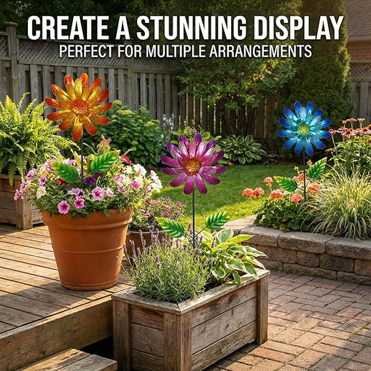 Metal Flower Garden Stake for Outside, 3 Pcs 16" H Outdoor Garden Stakes Decor, Yard Outdoor Ornaments for Patio, Lawn, Patio(Yellow & Purple & Blue)