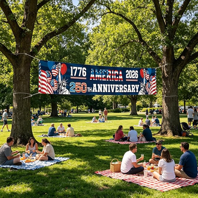 250th Anniversary USA Banner 120 x 20 Inches America 1776-2026 250 Years Birthday Banner American Flag Statue of Liberty Designs Patriotic Party Home Decorations for Outdoor Indoor Yard Garden Lawn