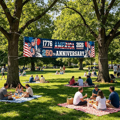 250th Anniversary USA Banner 120 x 20 Inches America 1776-2026 250 Years Birthday Banner American Flag Statue of Liberty Designs Patriotic Party Home Decorations for Outdoor Indoor Yard Garden Lawn