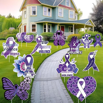 Amyhill 12 Pcs Domestic Violence Awareness Yard Sign Purple Ribbon Garden Lawn Signs with 24 Stake Stop Domestic Violence Purple Ribbon Butterfly Hands Yard Decorations for Outdoor Party Decor