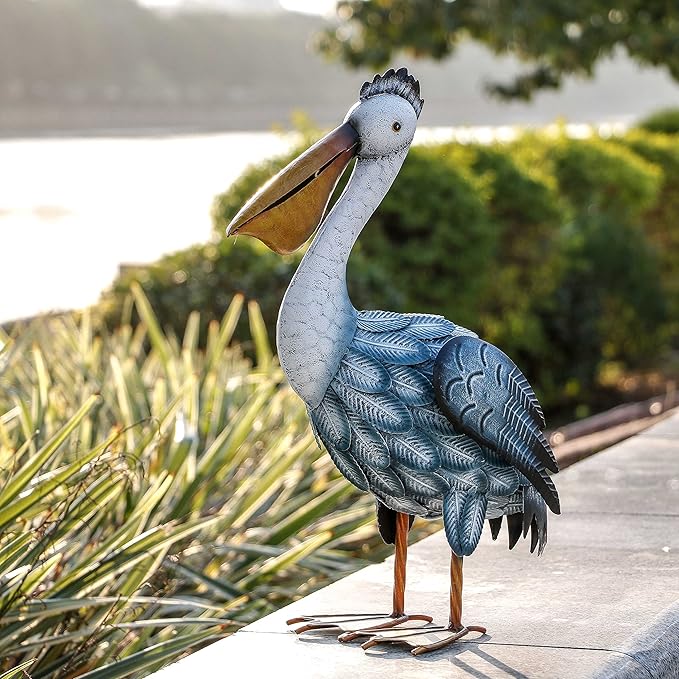 TERESA'S COLLECTIONS Pelican Outdoor Statues Garden Decor for Outside,11" Blue Coastal Ocean Bird Garden Statues & Sculptures for Yard Decor,Metal Yard Art for Lawn Patio,Pool,Backyard,Gifts for Mom