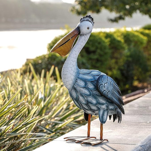 TERESA'S COLLECTIONS Pelican Outdoor Statues Garden Decor for Outside,11" Blue Coastal Ocean Bird Garden Statues & Sculptures for Yard Decor,Metal Yard Art for Lawn Patio,Pool,Backyard,Gifts for Mom