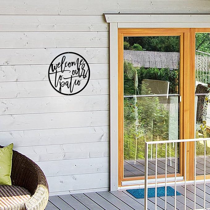 Welcome to Our Patio Metal Outdoor Sign Hanging Wall Art, Decorative Welcome Yard Sign for Patio Porch Deck Backyard, Black Metal Hanging Outdoor Wall Decor for Outside Bar and Garden