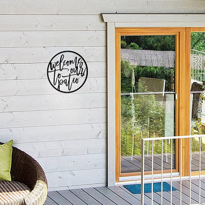 Welcome to Our Patio Metal Outdoor Sign Hanging Wall Art, Decorative Welcome Yard Sign for Patio Porch Deck Backyard, Black Metal Hanging Outdoor Wall Decor for Outside Bar and Garden