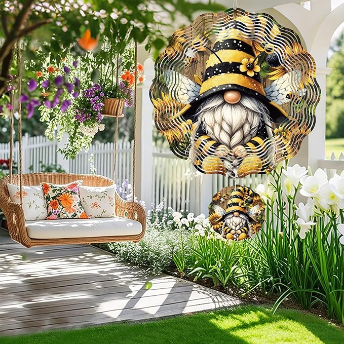 Wind Spinner Hanging Outdoor Decor, 12 Inch 3D Bee Gnome Metal Kinetic Wind Spinners for Garden Yard Patio, Stainless Steel Laser Cut Art Gifts for Women Outdoor Decorations