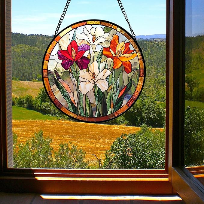 Stained Glass Window Hanging - Colorful Flower Suncatcher for Door Garden Home Decor Wildflowers Sun Catcher Christmas Birthday for Friend Lovers Women Mom Nana 9.8 in