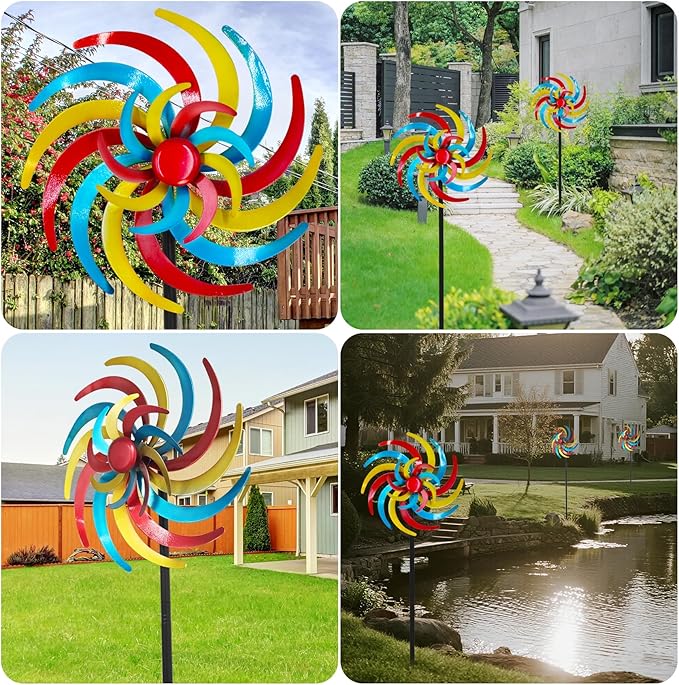 Colorful Kinetic Wind Spinner for Outdoor 13" W Metal Windmill Wind Sculptures with 5 Prong Stake, Easy to Rotate Metal Yard Art for Garden Patio Lawn Backyard Decor