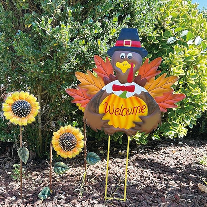 Autumn Metal Garden Stakes, Fall Harvest Thanksgiving Metal Pumpkin Welcome Sign with Turkey Stakes Yard Decorations 28.5''H, Garden Patio Lawn Yard Decor Fall Harvest Thanksgiving Outdoor Decorations