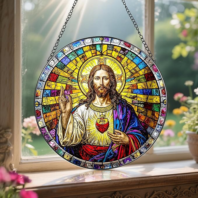 8'' Sacred Heart of Jesus Stained Glass Suncatcher, Stained Glass Window Hanging, Religious Ornament, Christian Home Decor, Gifts for Christmas, Christian Gift, Religious Gift