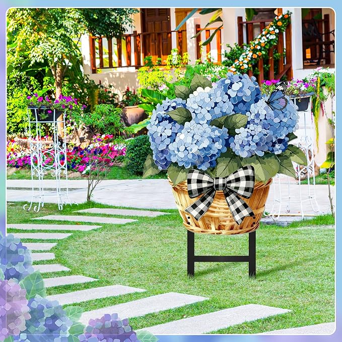 1 Pcs Spring Metal Hydrangea Garden Stakes Decor 22 Inch Decorative Purple Hydrangea Yard Stake Outdoor Floral Decor Metal Garden Art Ornaments for Patio Porch Lawn Backyard