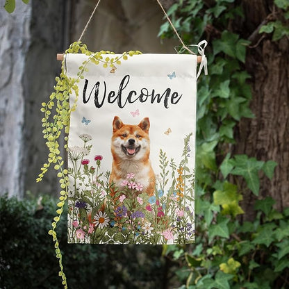 Spring Summer Garden Flag Floral Shiba Inu Yard Flag Flower Dog Garden Flags for Outside Small Outdoor Welcome Flags 12x18 Double Sided